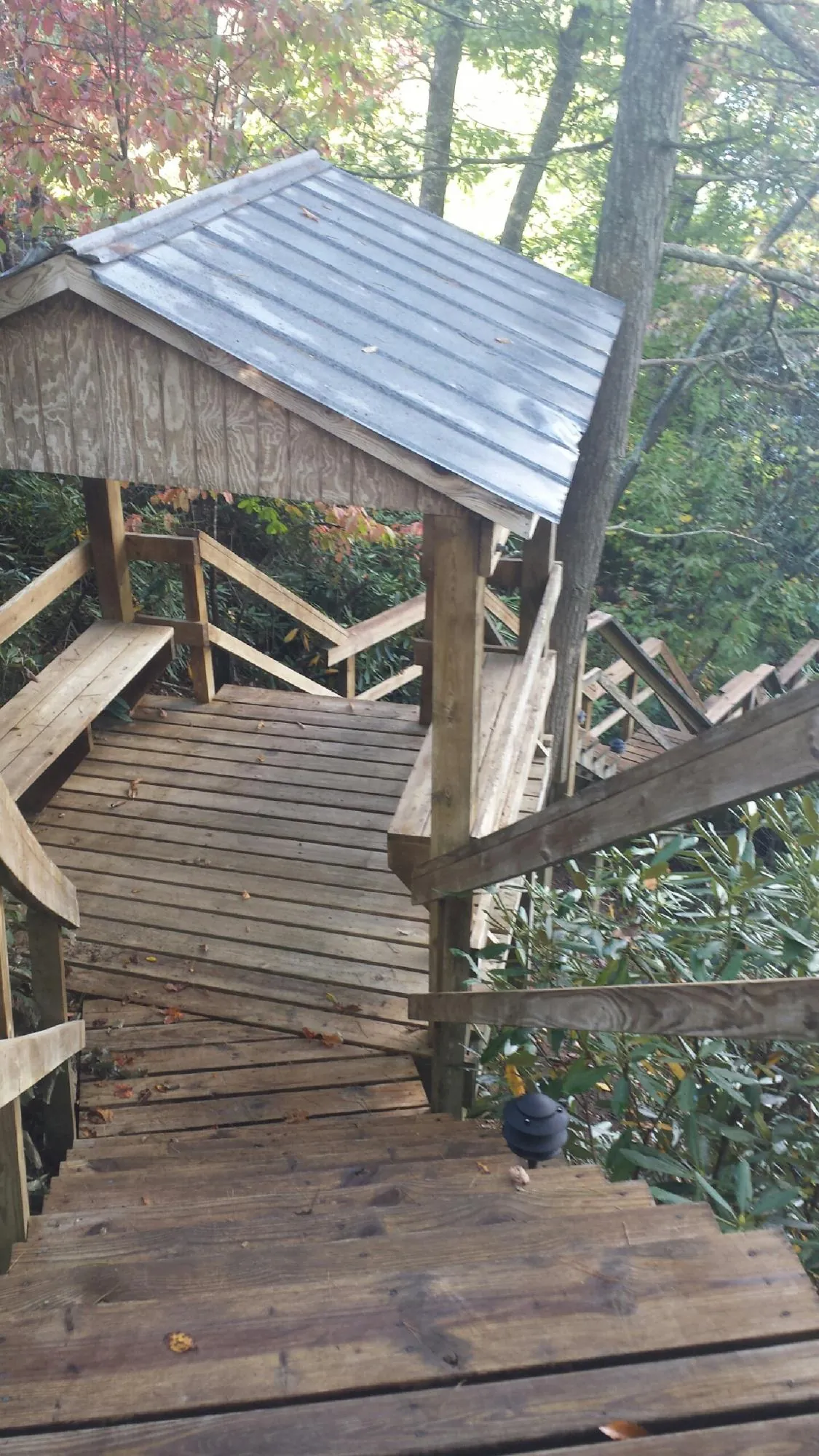 Metal roofed shelter over wooden steps on a wooded walkway — Skylight Repair & Installation work by our crew in Hope Valley